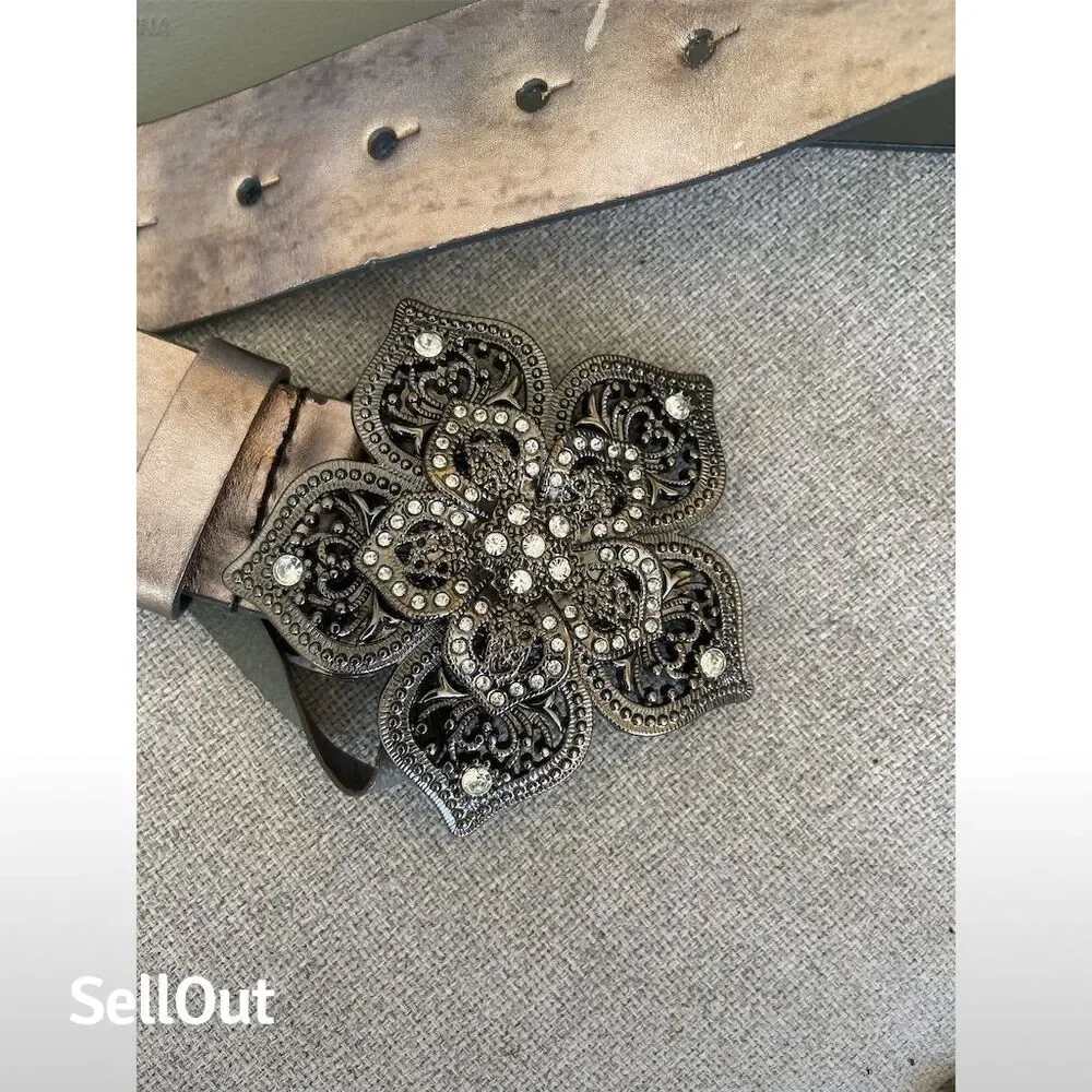 Women's Vintage Style Silver Leather Belt Rhinestone Buckle Size M - Picture 3 of 3